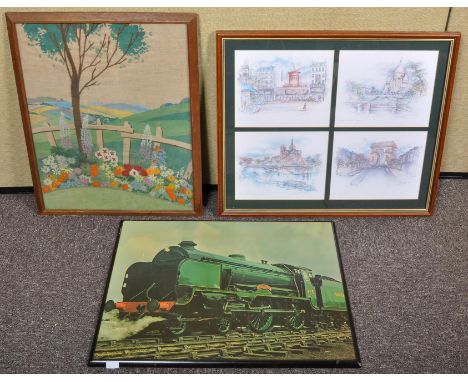 A vintage framed and glazed tapestry along with a printed board of a train and a set of four prints within a frame. 