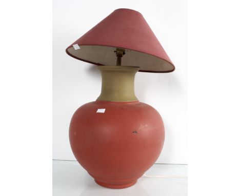 A painted pottery table lamp in the form of a round urn