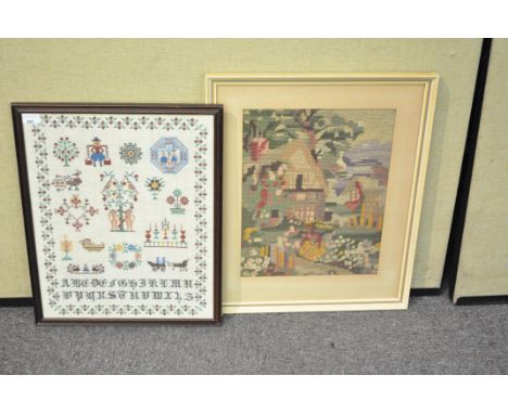 A needlework alphabet sampler and a woolwork tapestry picture, framed (20