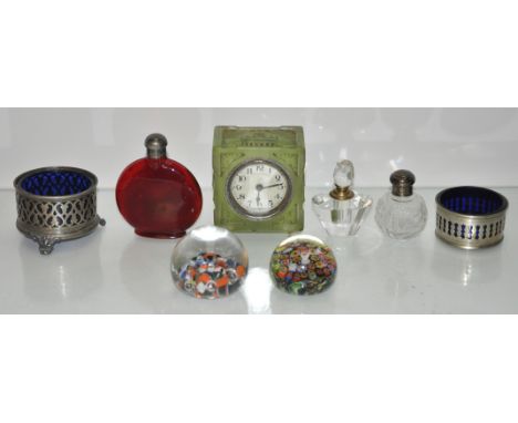 A glass Deco clock, paperweights 