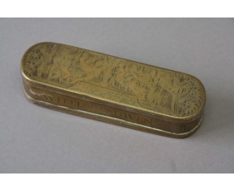A DUTCH BRASS TOBACCO BOX the lid engraved with a group of gentlemen entertaining a naked lady, the base with figures around 
