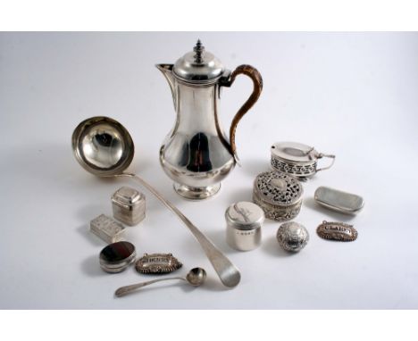A MIXED LOT: Seven various small boxes, a pair of George IV wine labels, a modern mustard pot, a salt spoon, a George III sou