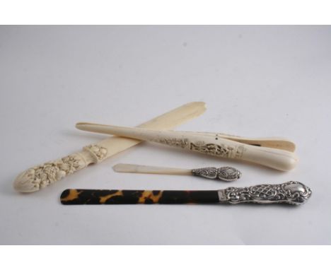 A VICTORIAN IVORY PAPER KNIFE with carved handle, a tortoiseshell & silver paper knife 1904, a mother of pearl & silver paper