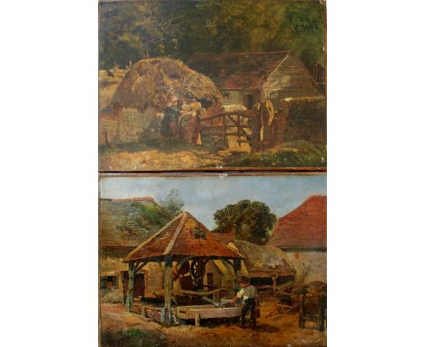 ENGLISH SCHOOL, 1859 CHAT AT THE FARM GATE; FARM LAD FILLING A FEED TROUGH A pair, the latter signed with initials AB and dat
