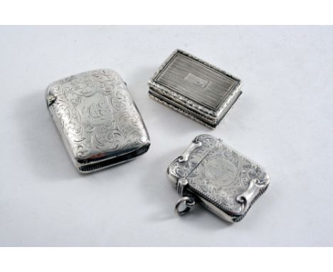 A GEORGE IV OBLONG VINAIGRETTE  with engine-turning, by John Bettridge, Birmingham 1825 and two vesta cases;  the former 1.5"
