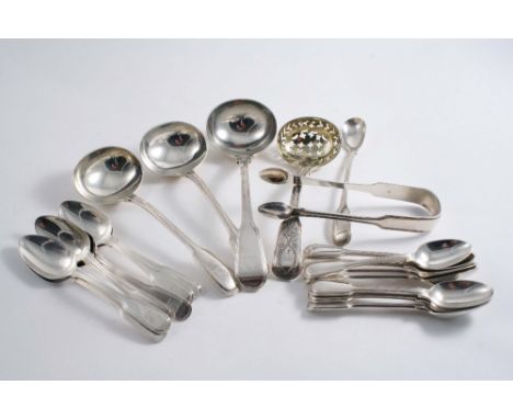 FIDDLE & THREAD PATTERN FLATWARE: A set of six George III tea spoons, crested, a pair of Victorian sauce ladles, crested, a G