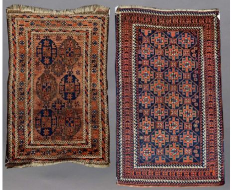 A BALUCHISTAN MAT woven with a tile pattern, generally good, 5ft. 1ins. (155cms.) x 3ft. (92cms.) and another Baluch mat, poo