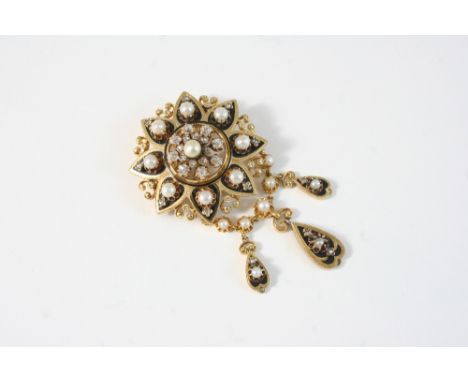 A LATE 19TH CENTURY DIAMOND, ENAMEL AND PEARL BROOCH PENDANT of stylised flower head design with central circular cluster of 