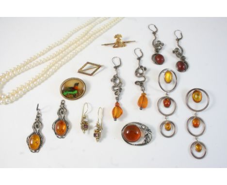 A QUANTITY OF JEWELLERY including a two row graduated cultured pearl necklace, a gold plated pocket watch and another pocket 