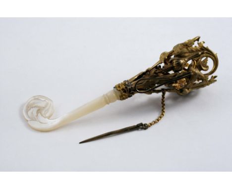 A VICTORIAN GILT METAL & MOTHER OF PEARL POSY HOLDER 5.25"  (13.5 cms) long