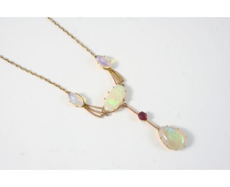 AN OPAL, MOONSTONE AND GARNET NECKLACE on a fine link neckchain, 41.5cm. long.