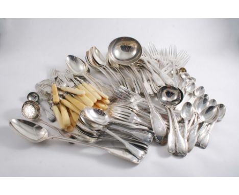 A GEORGE III CANTEEN OF FIDDLE & THREAD PATTERN FLATWARE:- A set of nineteen table forks, nineteen table spoons fifteen desse