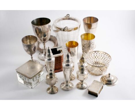 A MIXED LOT: A square, mounted glass inkwell by Asprey & Co.Ltd., Birmingham 1930, a mounted crocodile leather ashtray, same 