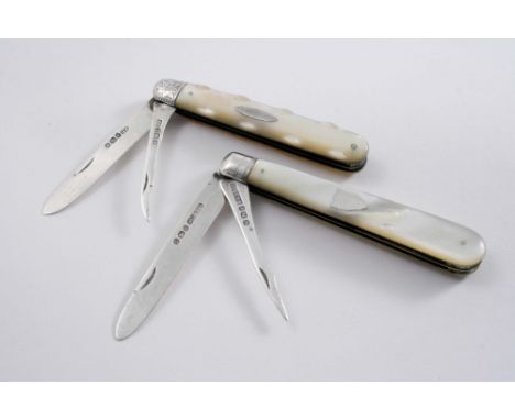 TWO LATE VICTORIAN MOTHER OF PEARL MOUNTED FOLDING FRUIT KNIVES / PICKS by two different makers, Sheffield 1896 and 1898; the