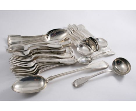 A QUANTITY OF ANTIQUE FIDDLE & THREAD PATTERN FLATWARE INCLUDING: six table spoons, seventeen table forks,  twelve dessert sp