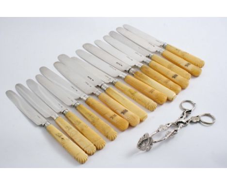 FIFTEEN VARIOUS IVORY-HANDLED DESSERT KNIVES some initialled, some crested, mixed makers & dates and a pair of William IV nat