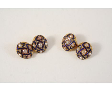 A PAIR OF ENAMEL, PEARL AND DIAMOND CUFFLINKS each oval link set with rose-cut diamonds and graduated pearls, with blue ename