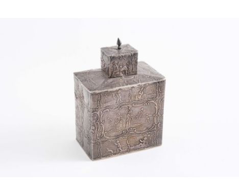 A LATE 19TH CENTURY DUTCH OBLONG TEA CADDY decorated in low relief with figures & scrolls, pull-off cap, with pseudo marks & 