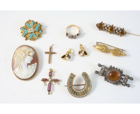 A QUANTITY OF JEWELLERY including an 1886 ring, set with rose-cut diamonds, a shell cameo brooch, a citrine and seed pearl br