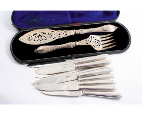 A SET OF TEN LATE VICTORIAN FISH KNIVES with Thread pattern handles, by W. Gibson & J. Langman, London 1897 and a cased pair 