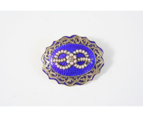 A VICTORIAN ENAMEL, PEARL AND DIAMOND BROOCH the royal blue guilloche enamel set with applied pearl decoration centred with a