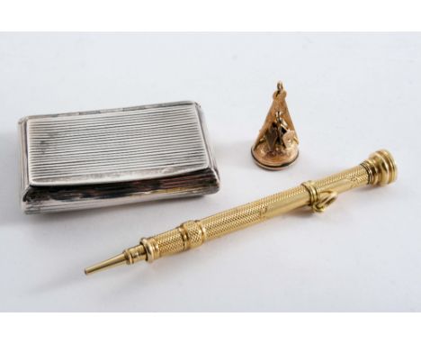 A VICTORIAN GOLD TELESCOPIC PENCIL with engine-turned decoration & a bloodstone-set seal terminal, by S. Mordan & Co., a 9 ct