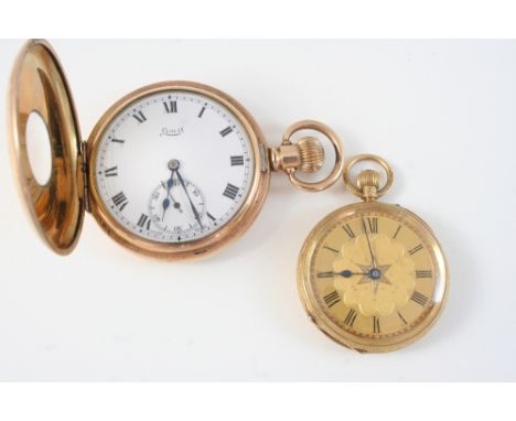 AN 18CT. GOLD OPEN FACED POCKET WATCH the gold decorated dial with Roman numerals, with engraved foliate and cartouche decora