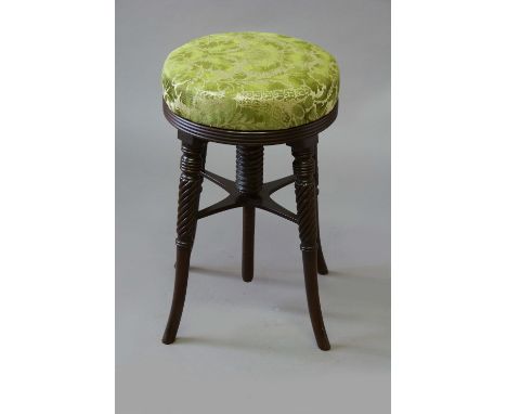 A GEORGE III MAHOGANY MUSIC STOOL seat rising on a screw, the splayed turned legs with spiral lobing, 13ins. (33cms.) dia.