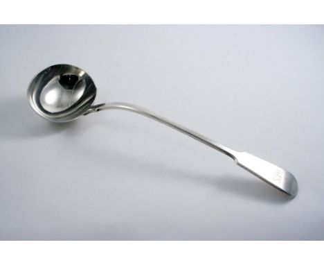 A VICTORIAN FIDDLE PATTERN SOUP LADLE of good guage, initialled "WEG", by Joseph & Albert Savory, London 1855;  13.7"  (34.8 