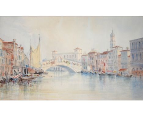 E** W** (Fl.c.1885) THE RIALTO BRIDGE, VENICE Signed with a monogram and dated 85, watercolour and pencil 27.5 x 47cm. ++ Som
