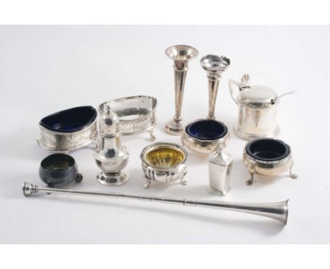A MIXED LOT: A hunting horn by S. Mordan & Co., London 1903, six various condiments, two small spill vases, a pair of plated 