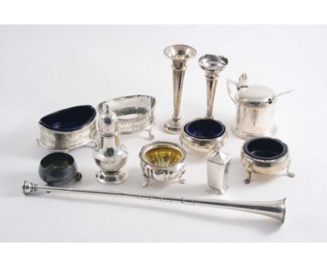 A MIXED LOT: A hunting horn by S. Mordan & Co., London 1903, six various condiments, two small spill vases, a pair of plated 