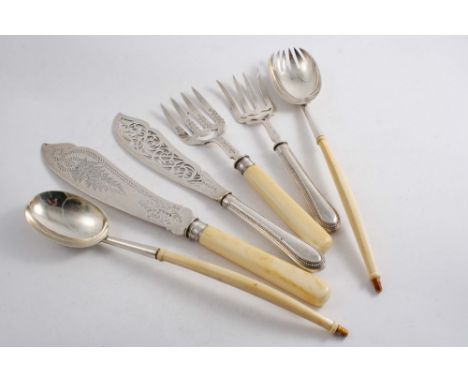 A MIXED LOT: A pair of Victorian engraved fish servers with ivory handles, by J. Gloster, Birmingham 1876, another pair with 