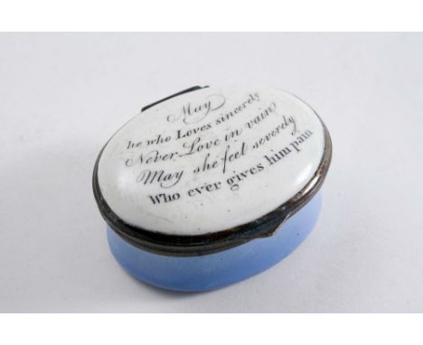 AN ENAMELLED COPPER PATCH BOX oval "May he who loves sincerely never love in vain, may she feel severely whoever gives him pa