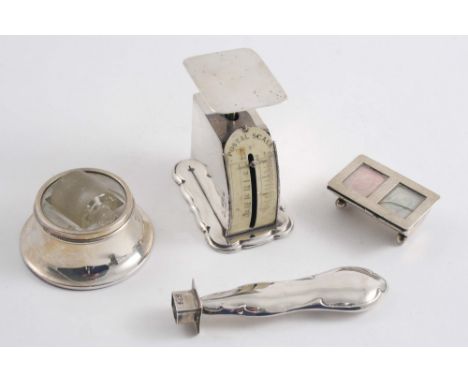 A MIXED LOT: A set of postal scales on a shaped oblong base, maker's mark mis-struck, Birmingham 1911, a circular mounted gla