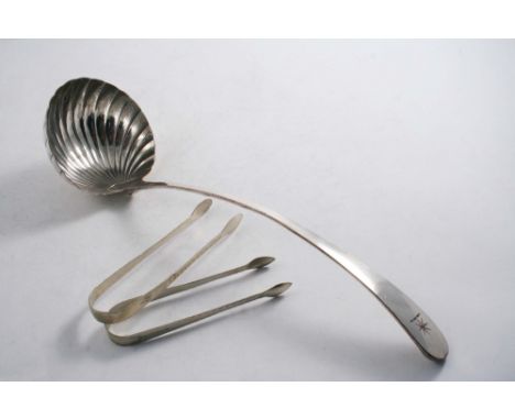 AN EARLY PERIOD OLD SHEFFIELD PLATED SOUP LADLE with a fluted bowl, crested, c.1770, and two pairs of Old Sheffield plated su