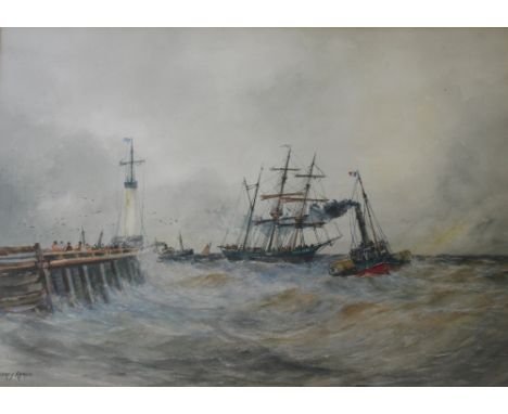 •AUBREY RAMUS (1895-1956) QUAYSIDE WITH SHIPPING AT SEA Signed, watercolour with scratching out 37 x 52.5cm. Provenance: Sout