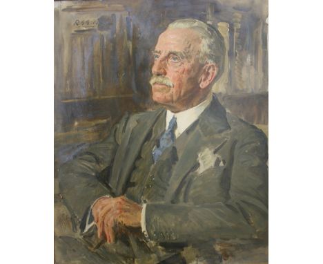 •REGINALD GRENVILLE EVES, RA (1876-1941) PORTRAIT OF BENJAMIN SOLOMON GUINNESS (1868-1947) Seated half length, wearing a grey