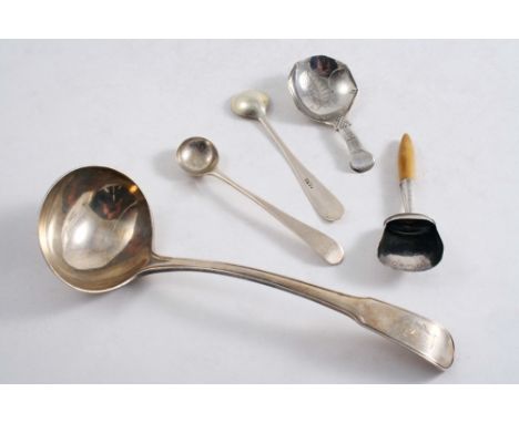 A MIXED LOT: A George III salt spoon, London 1805, another unascribed example, maker's mark only "A.M", two George III caddy 