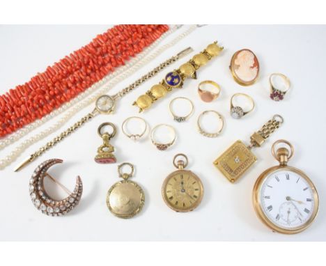 A QUANTITY OF JEWELLERY including a coral necklace, a cultured pearl necklace, a gold pocket watch, a gold plated pocket watc