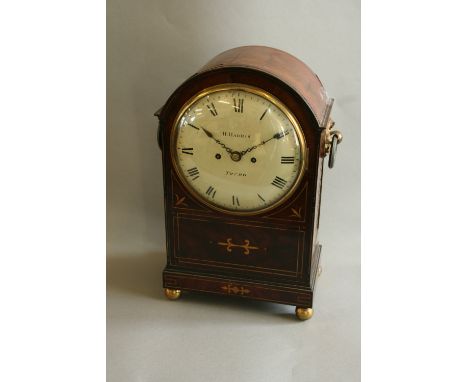A MAHOGANY BRACKET CLOCK dial cream painted signed H.Harris, Truro, movement engraved border to the back plate and pendulum, 