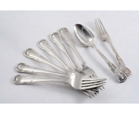 A SET OF SIX GEORGE IV IRISH TABLE FORKS Hourglass pattern, crested, Dublin 1821/22 and a later, non-matching dessert spoon &