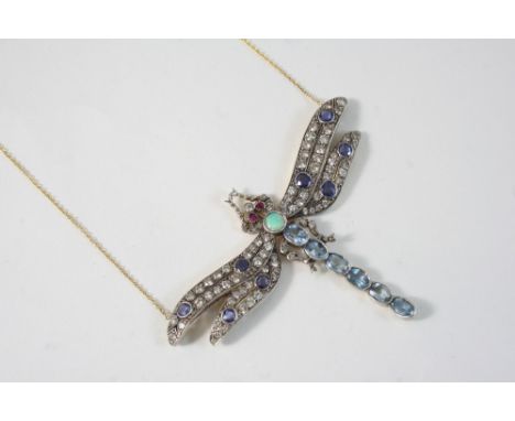 A DIAMOND AND GEM SET DRAGONFLY PENDANT set with a circular opal, oval-shaped aquamarines, circular-cut amethysts and overall