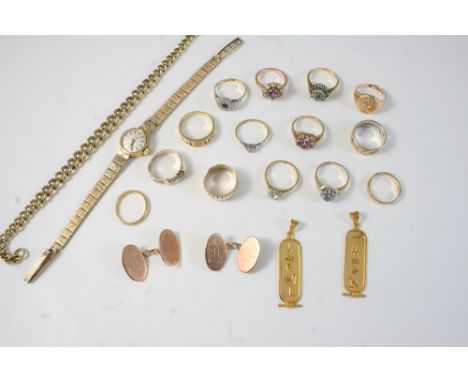 A QUANTITY OF JEWELLERY including a lady's 9ct. gold wristwatch by Rotary, two gold pendants, a diamond solitaire ring, set i