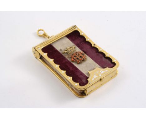 A 19TH CENTURY GILT-METAL & ENAMEL MOUNTED FOLDING NOTEPAD HOLDER/WALLET with pendant ring & hook and coloured velvet sides w