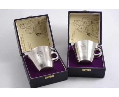 TWO CASED MODERN LIMITED EDITION "CIRENCESTER" MUGS with gilt interiors, inscribed "CORINIUM 75-1975", by the Barker Ellis Si