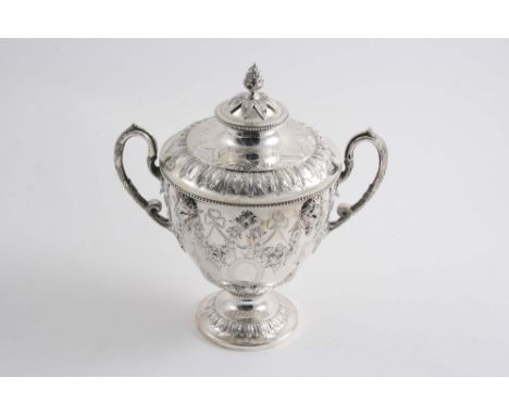 A CURIOUS VICTORIAN ELECTROPLATED, TWO-HANDLED SUGAR BOWL on a pedestal foot, decorated with masks & swags, and a matching si