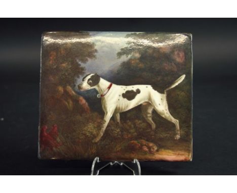 A DERBY PLAQUE painted with a Pointer, his collar labelled Thornton, signed D Lucas, the reverse inscribed in iron red "Dash 
