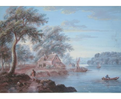 ATTRIBUTED TO JOHN LAPORTE (1761-1839) COUNTRY LANDSCAPE VIEWS WITH FIGURES AND COTTAGES BY WATER A pair, gouache Each 13 x 1