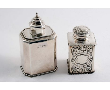 AN EDWARDIAN 'BRITANNIA' STANDARD TEA CADDY octagonal with a slide cover & pull-off cap, by Messrs. Jays, Chester 1909 togeth